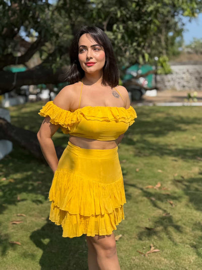 Yellow Frill Summer Vacation Dress | Off-Shoulder Crop Top & Tiered Mini Skirt featured by Aanchal Munjal