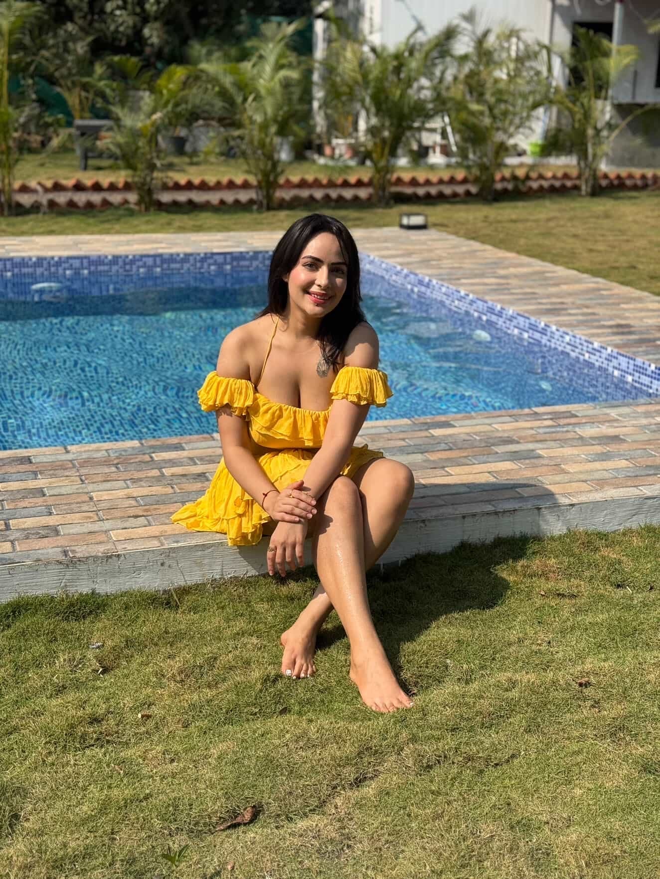 Yellow Frill Summer Vacation Dress | Off - Shoulder Crop Top & Tiered Mini Skirt featured by Aanchal Munjal - Vibes and Petals